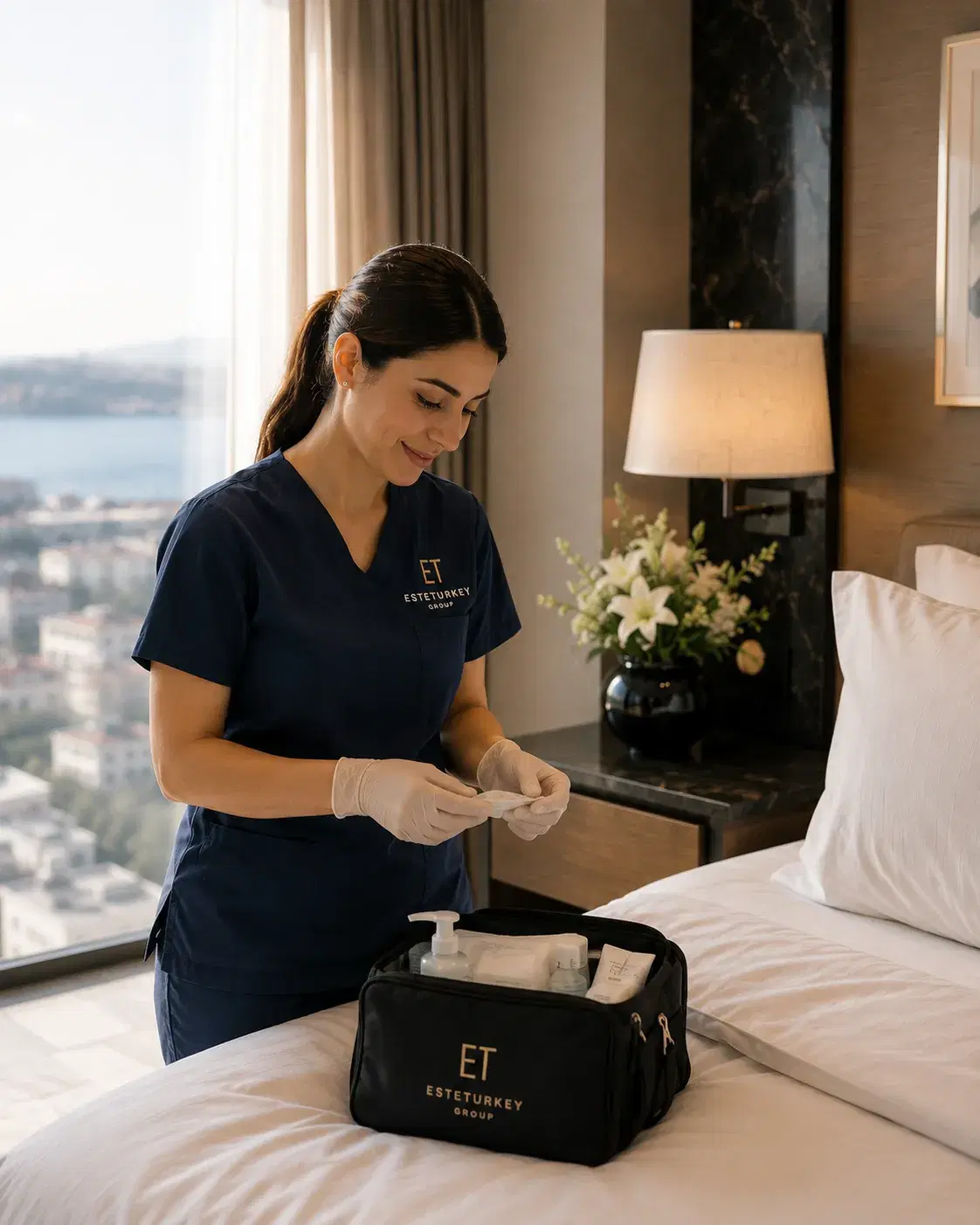 Nurse checking on a patient during recovery at the hotel